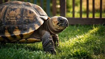 Obraz premium A tortoise walking on grass in a natural setting, showcasing its features and environment.