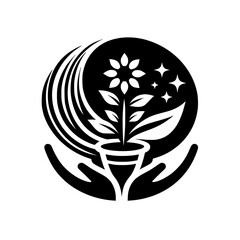 Black and white stylized logo of a growing plant within a pot, cradled by hands, surrounded by a moon and stars, suggesting care and nature.