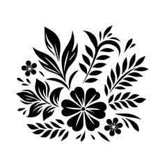 Symmetrical Floral Silhouette: A symmetrical floral arrangement in bold black against a clean white background, featuring stylized leaves, flowers, and delicate droplet accents.