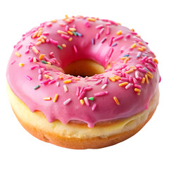 Donut with pink icing and sprinkles isolated on transparent background  
