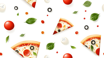Delicious pizza slices with toppings, tomatoes, olives, and basil create vibrant seamless pattern perfect for food lovers