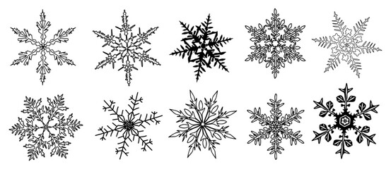 Set of different Abstract snowflakes. Winter snow. Christmas design elements for Overlay, banner, card, invitation. Hand drawn black outline illustrations isolated