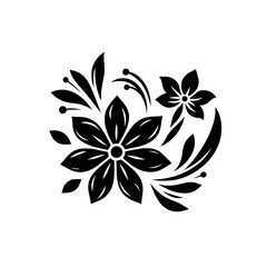 Fototapeta premium Elegant Black and White Floral Arrangement: Detailed Silhouette of Two Stylized Flowers, Leaves, and Decorative Flourishes on a Clean White Backdrop.