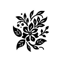Fototapeta premium Intricate Black Floral Design with a Central Flower and Surrounding Foliage on a White Background, Demonstrating Bold Contrast.