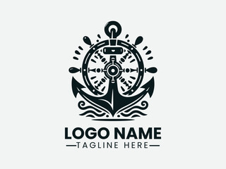 anchor with ship wheel in black against white backdrop. Nautical symbol concept.