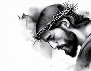 Fototapeta premium Retrato de Jesucristo con corona de espinas sobre fondo blanco.