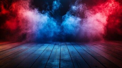 Dark wooden floor with red and blue smoke illuminated.