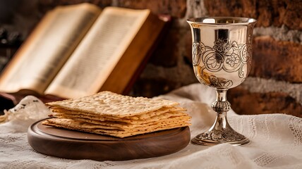 Passover Seder Celebration with Silver Kiddush Cup and Matzah Bread on Wooden Board - Traditional Jewish Pesach Ritual with Sacred Wine Goblet and Unleavened Bread against Rustic Brick Wall photo