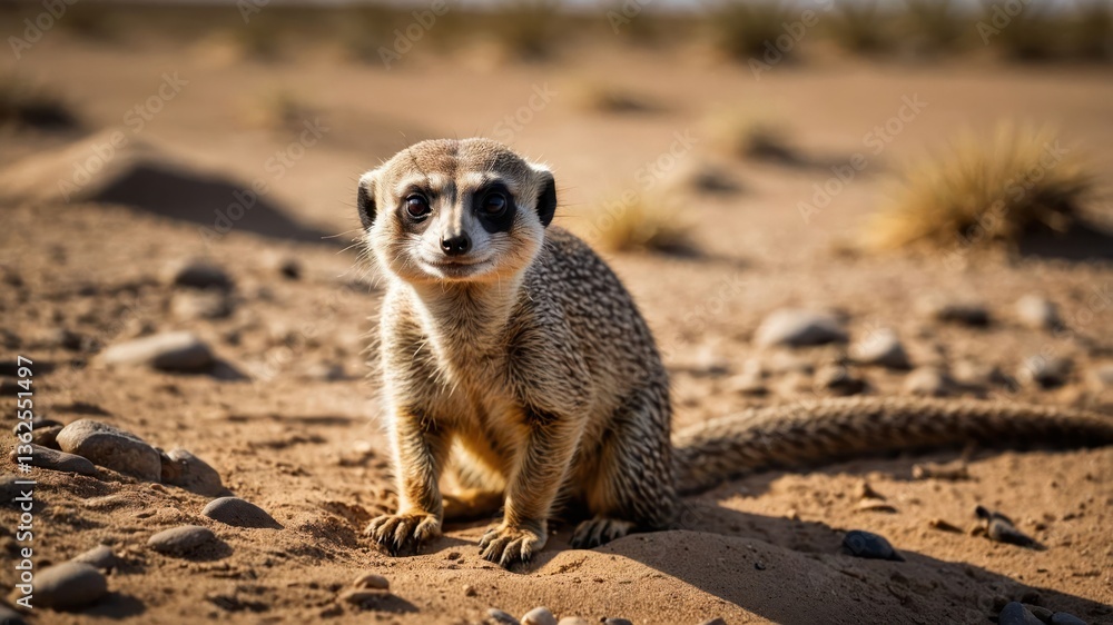 Poster a close-up of a meerkat in a desert environment, showcasing its curious expression.