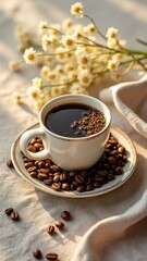 Fototapeta premium Aromatic coffee cup with coffee beans and fresh daisies in soft morning light