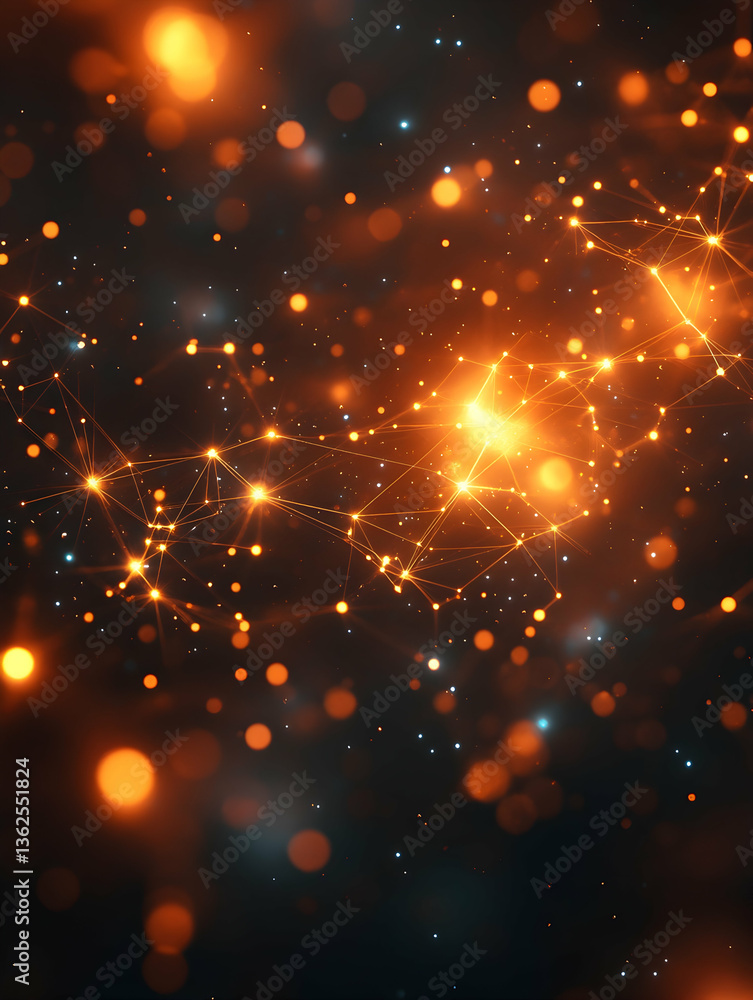 Wall mural glowing interconnected network with orange light particles, bokeh