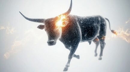 Obraz premium Powerful Abstract Wireframe Bull Illustration with Glowing Energy Aura on White Backdrop