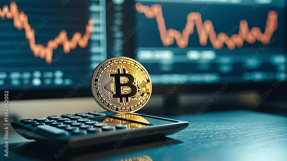 Aufkleber a single bitcoin coin standing upright on a financial growth chart, with an old-school calculator di