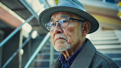 Elderly man with glasses and hat sits on stairs in urban setting, deep in thought - Powered by Adobe