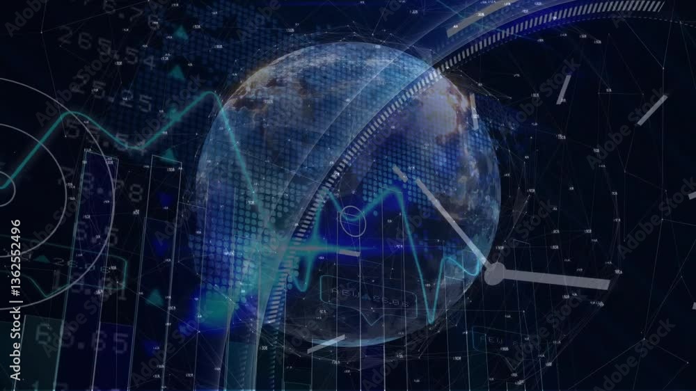Poster digital globe with financial graphs and data processing animation overlay