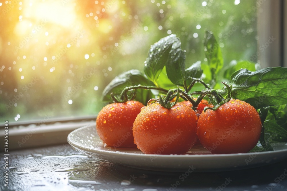 Poster freshly washed tomatoes on a plate by the window with raindrops and sunlight shining through