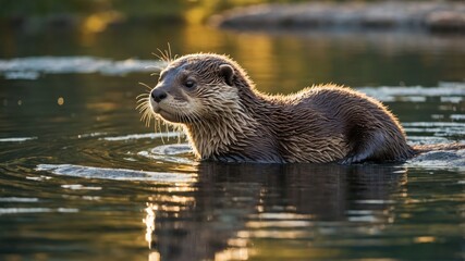 Fototapeta premium A playful otter swimming in a tranquil pond, surrounded by nature's beauty.