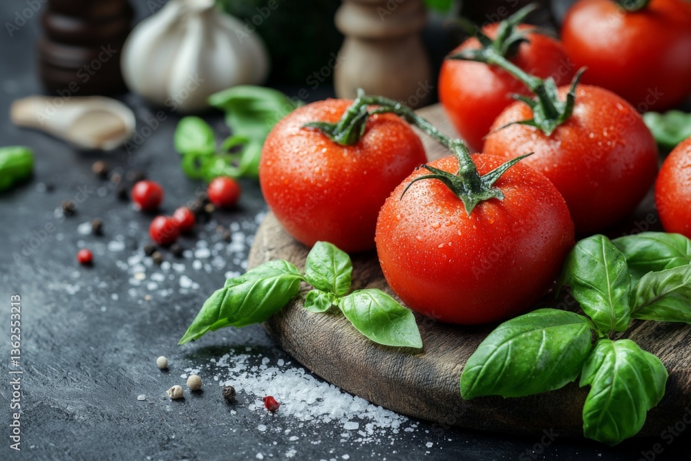 Poster Fresh tomatoes with basil on a cutting board surrounded by spices and garlic in a rustic kitchen setting
