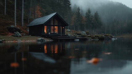Fototapeta premium Cozy cabin nestled by a misty lake in autumnal forest. Tranquil, modern, and secluded retreat