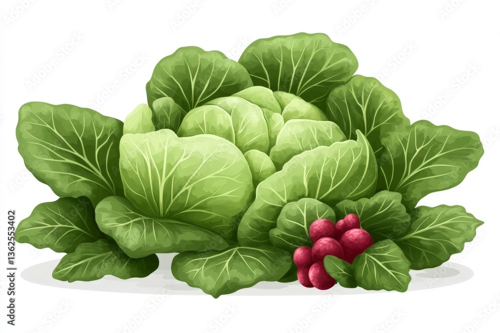 Poster freshly harvested cabbage and radishes displayed together in a vibrant garden setting