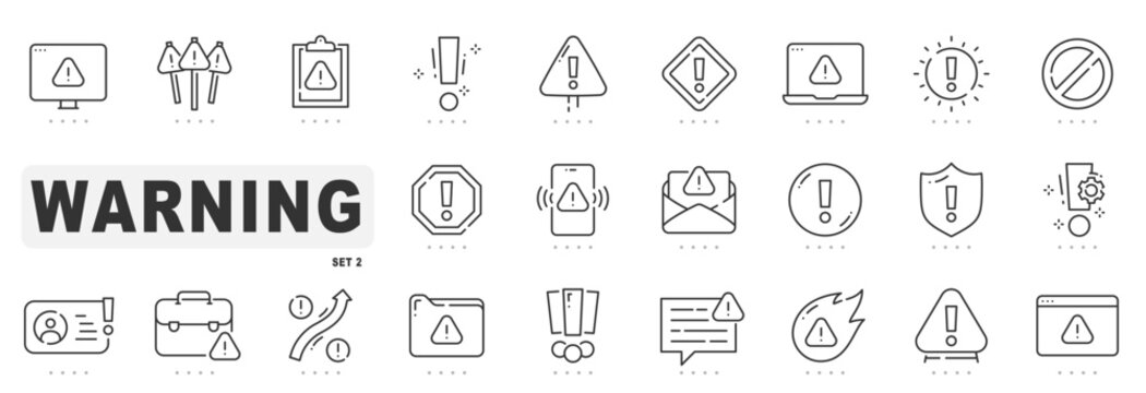 Set of warning related line icons. Alert, caution, danger, error etc. Editable stroke. Set 2