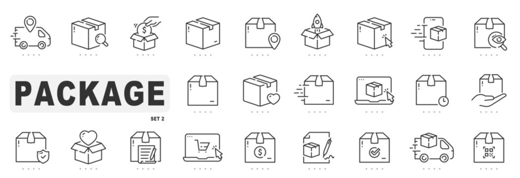 Set of package related line icons. Delivery, parcel, box etc. Editable stroke. Set 2