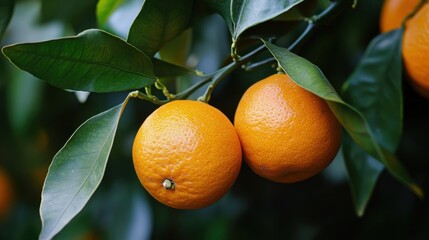 Two ripe oranges hanging on tree branch with green leaves, fresh natural fruit in garden closeup view