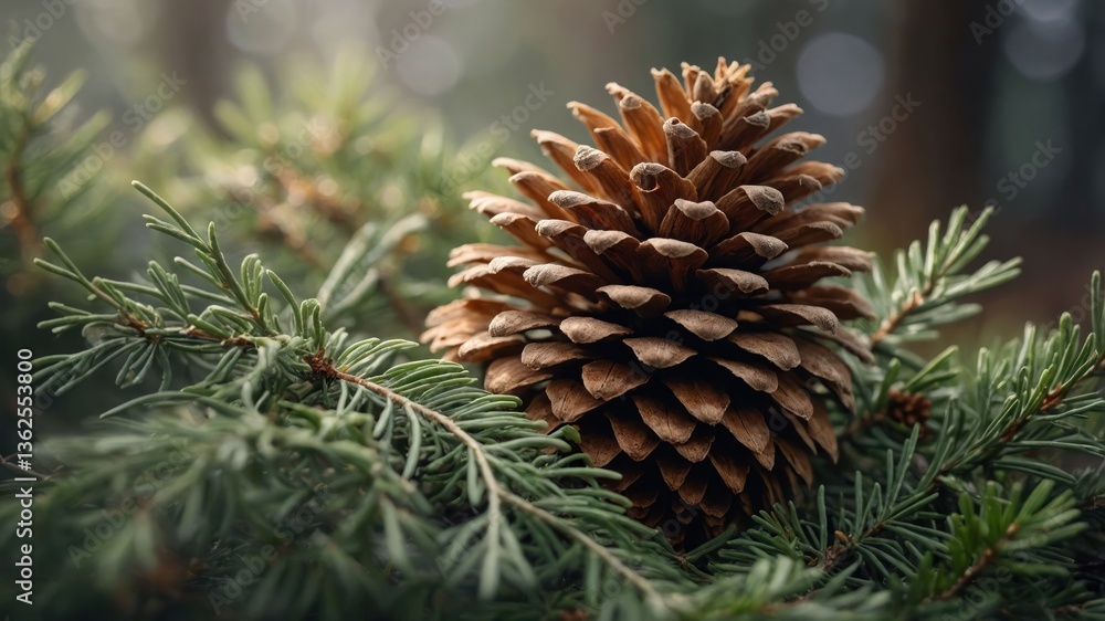 Poster a close-up of a pine cone resting on evergreen branches in a forest setting.