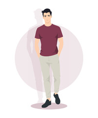 Casual Young Man in a Burgundy T-Shirt and Beige Pants Standing with a Relaxed Posture