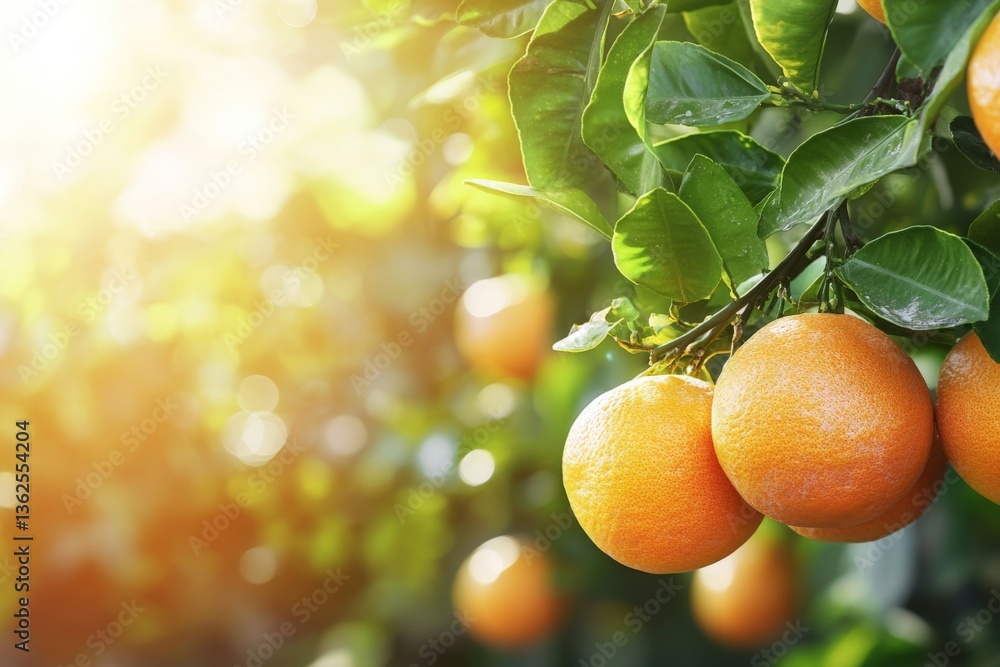 Poster bright oranges hanging from branches in a sunlit orchard during late afternoon in early summer