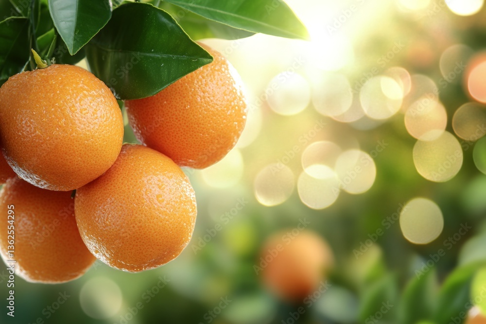 Poster Fresh oranges hang on a branch in a sunlit orchard during a warm afternoon with soft bokeh in the background