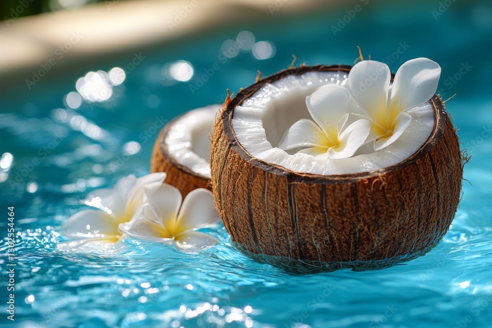 Poster Coconut shells with fragrant flowers floating in azure pool water on a sunny day