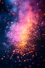 Fototapeta premium Glowing particles against a dark backdrop, with ethereal wisps of purple smoke