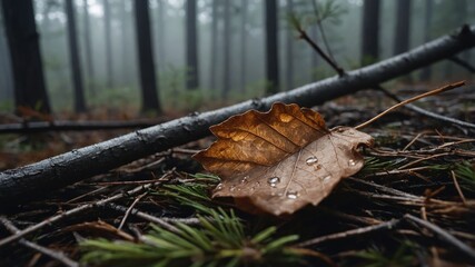 Obraz premium A close-up of a wet autumn leaf on forest floor, surrounded by pine needles and branches.