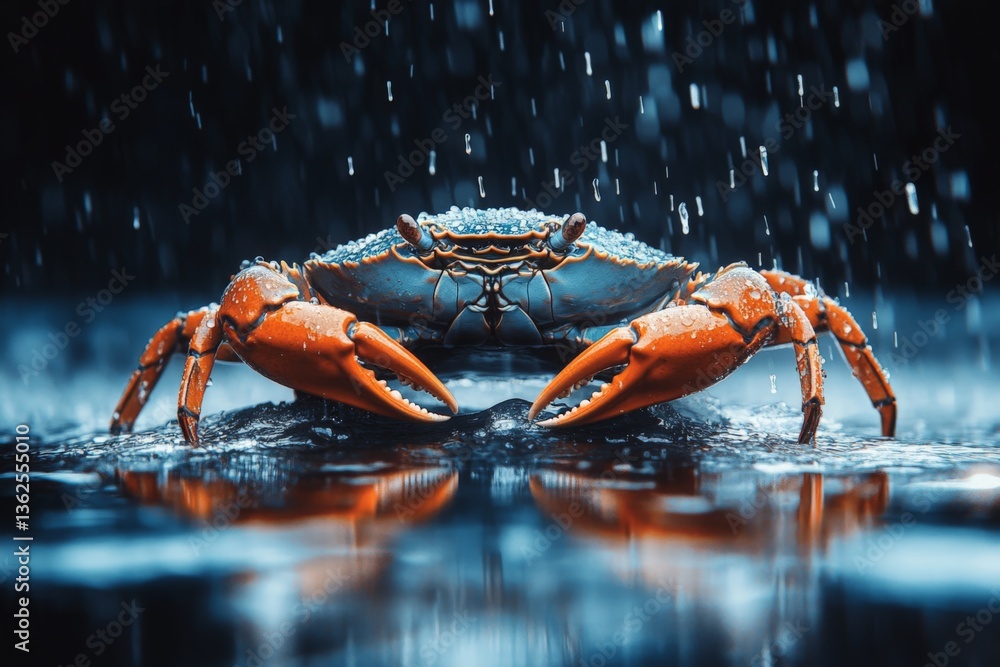 Poster close-up view of a vibrant crab in a rain-soaked environment showcasing its natural habitat and beha
