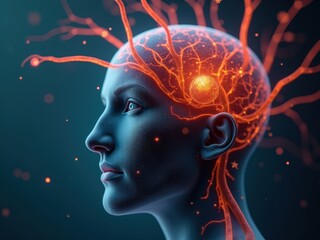 medicinal herbs and berries, traditional medicine Woman's head with red and orange brain cells. The woman's face is shown in the foreground