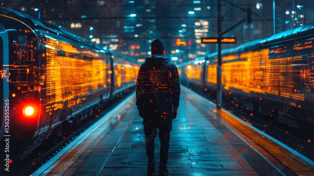Poster A person stands between two glowing trains at a busy railway station at night, surrounded by a digital interface showcasing transportation data and monitoring insights.