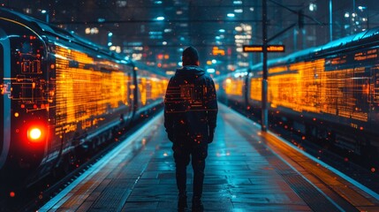 A person stands between two glowing trains at a busy railway station at night, surrounded by a digital interface showcasing transportation data and monitoring insights.