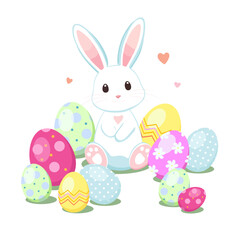 A Cute Easter Bunny surrounded by many bright Easter eggs. Easter. Rabbit. Children's illustration. Textile printing, magazines, children's books, postcards, and holiday decorations.