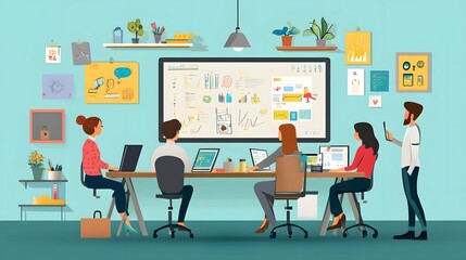 Group of professionals brainstorming, diverse team collaborating in a bright, modern workspace with creative visuals on walls.