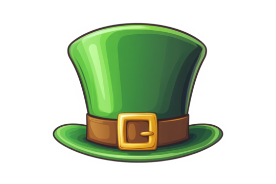 A cartoon image of a green st patrick's day hat with a brown belt and a gold buckle isolated