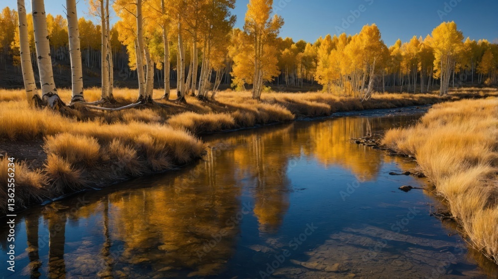Poster serene autumn landscape with golden trees reflecting in a calm stream.