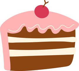 Chocolate cake slice with cherry. Illustration flat style