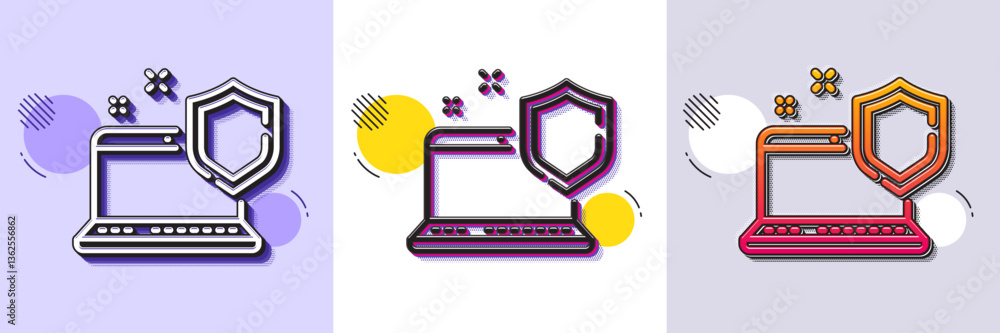 Poster computer security line icon. halftone dotted pattern. gradient icon with grain shadow. laptop privac