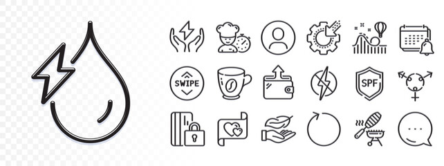 Safe energy, Headshot and Hydroelectricity line icons for web app. Glare of light effect. Message icon. Pack of Notification, Wallet, Chef pictogram icons. Vector