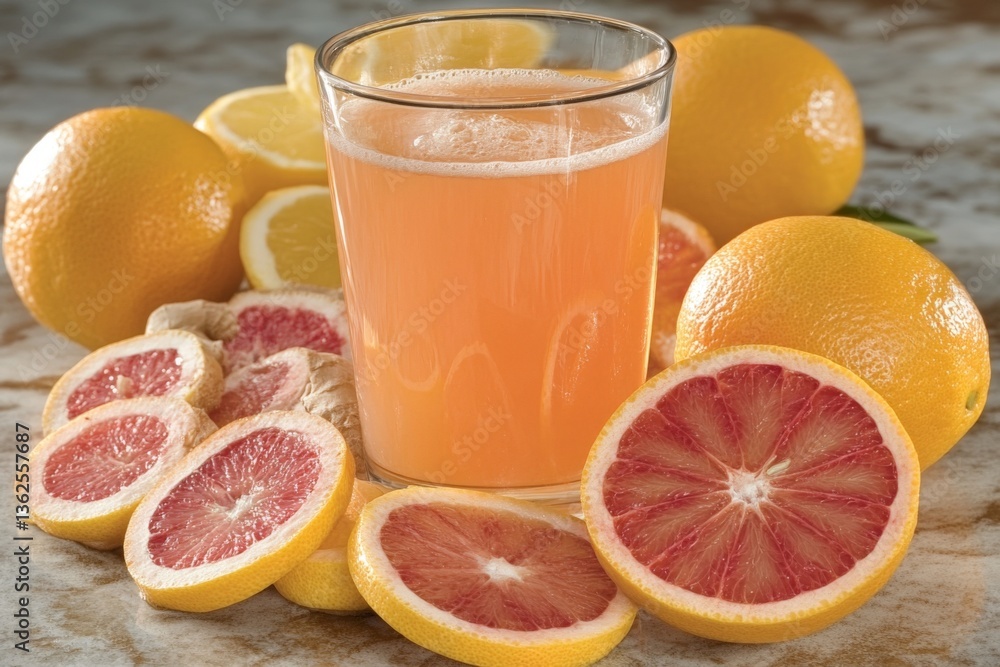 Poster freshly squeezed citrus juice with blood oranges and lemons on a marble countertop