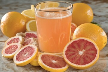 Freshly squeezed citrus juice with blood oranges and lemons on a marble countertop