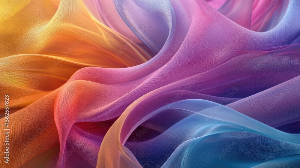 Poster vibrant abstract flowing textile waves in soft pastel colors with smooth gradients and ethereal move