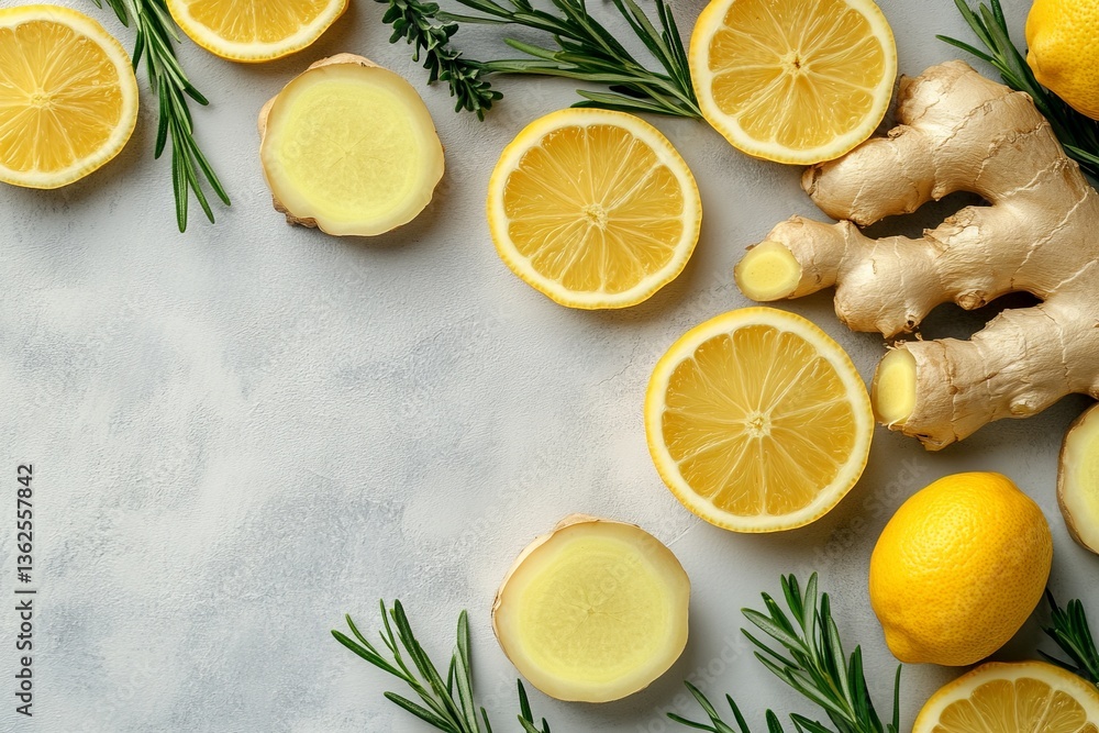 Poster fresh lemon and ginger slices arranged with rosemary on a gray background for cooking and health pur