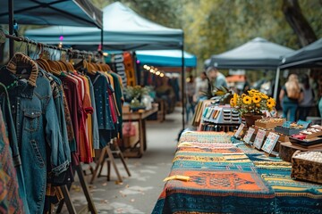 Discover a thriving outdoor market laden with clothes that offers ecologic clothing ideas styles lovely hue and space, Generative AI.